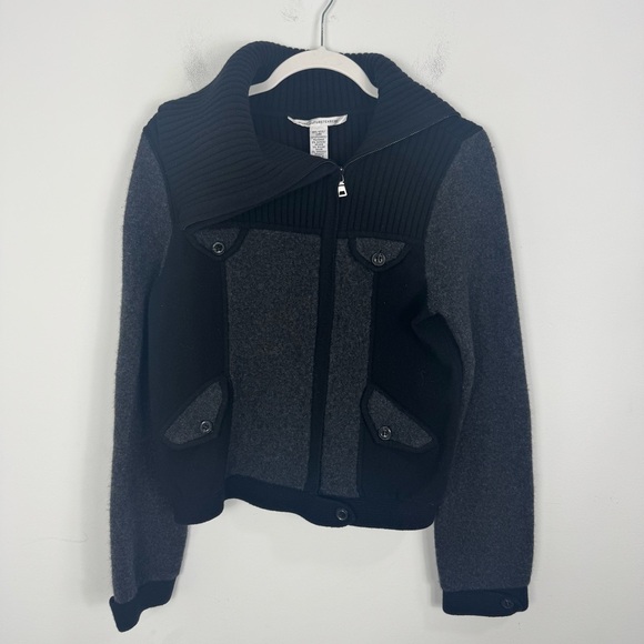 Diane von Furstenberg Grey Black Wool Knit Jacket Wide Collar Button Detail M - Picture 3 of 10